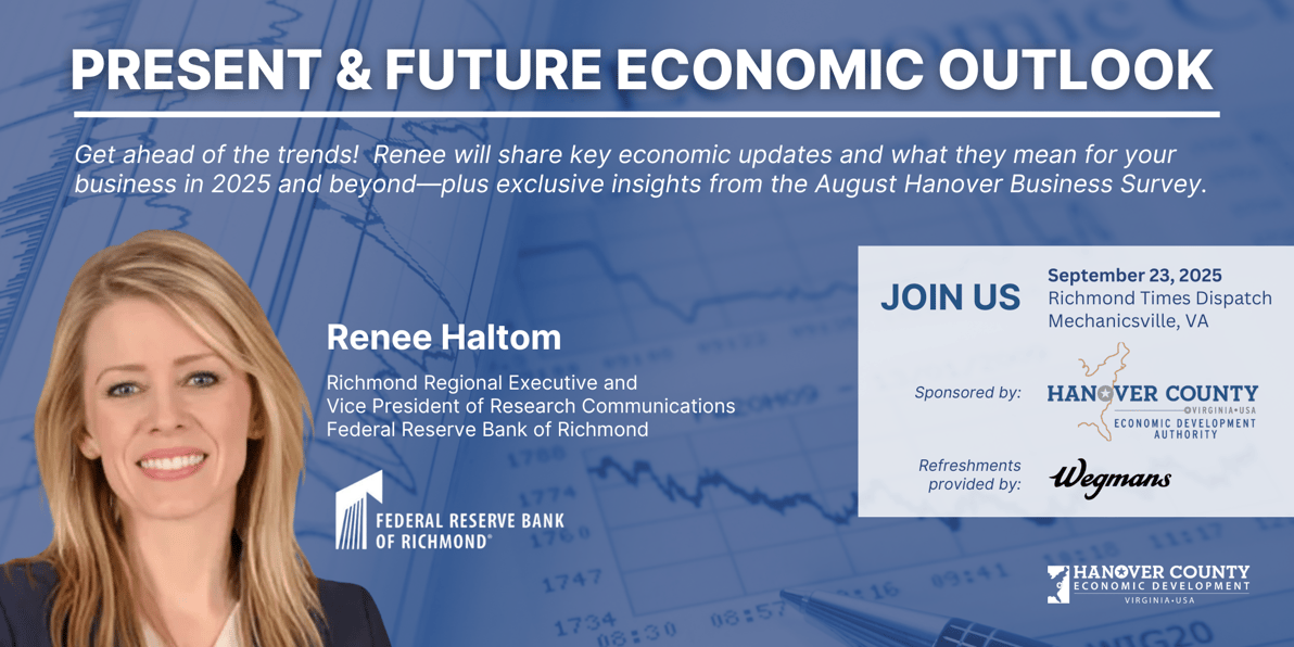 Present & Future Economic Outlook Seminar to be held at the Richmond Times Dispatch Building in Mechanicsville, VA.  Renee Haltom with the Federal Reserve Bank is the speaker.  More information and link to attend the seminar is provided along with this image.
